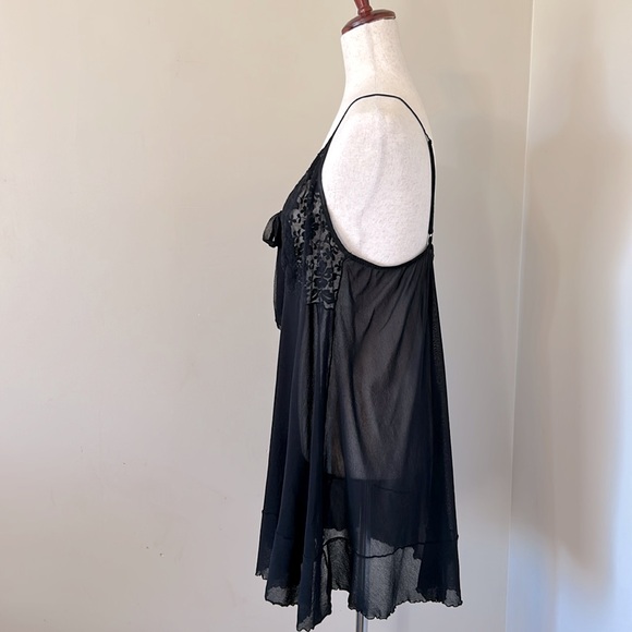 Cacique Black Sheer Lace Lingerie Nighty Woman 18/20 Bow Front Lettuce Hem Slip - Picture 8 of 12